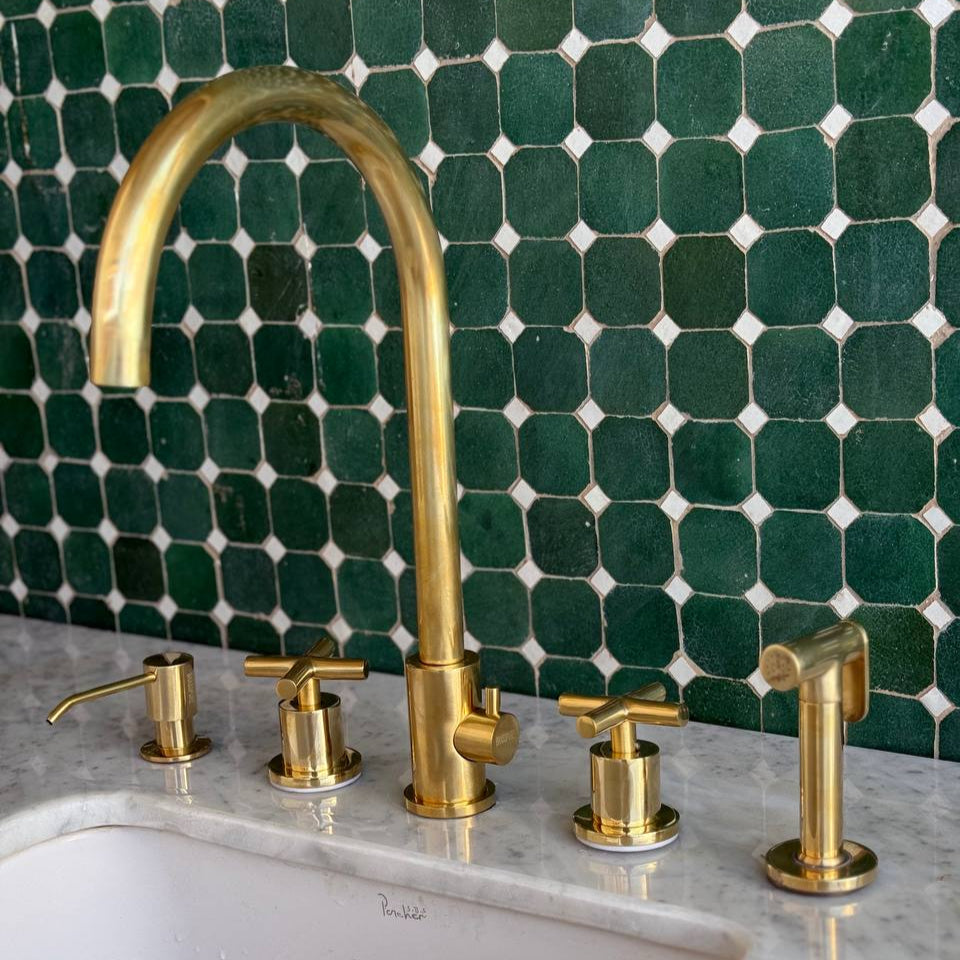 Unlacquered Brass 4 Holes Bathroom Faucet With Diverter Sprayer & Soap Dispenser