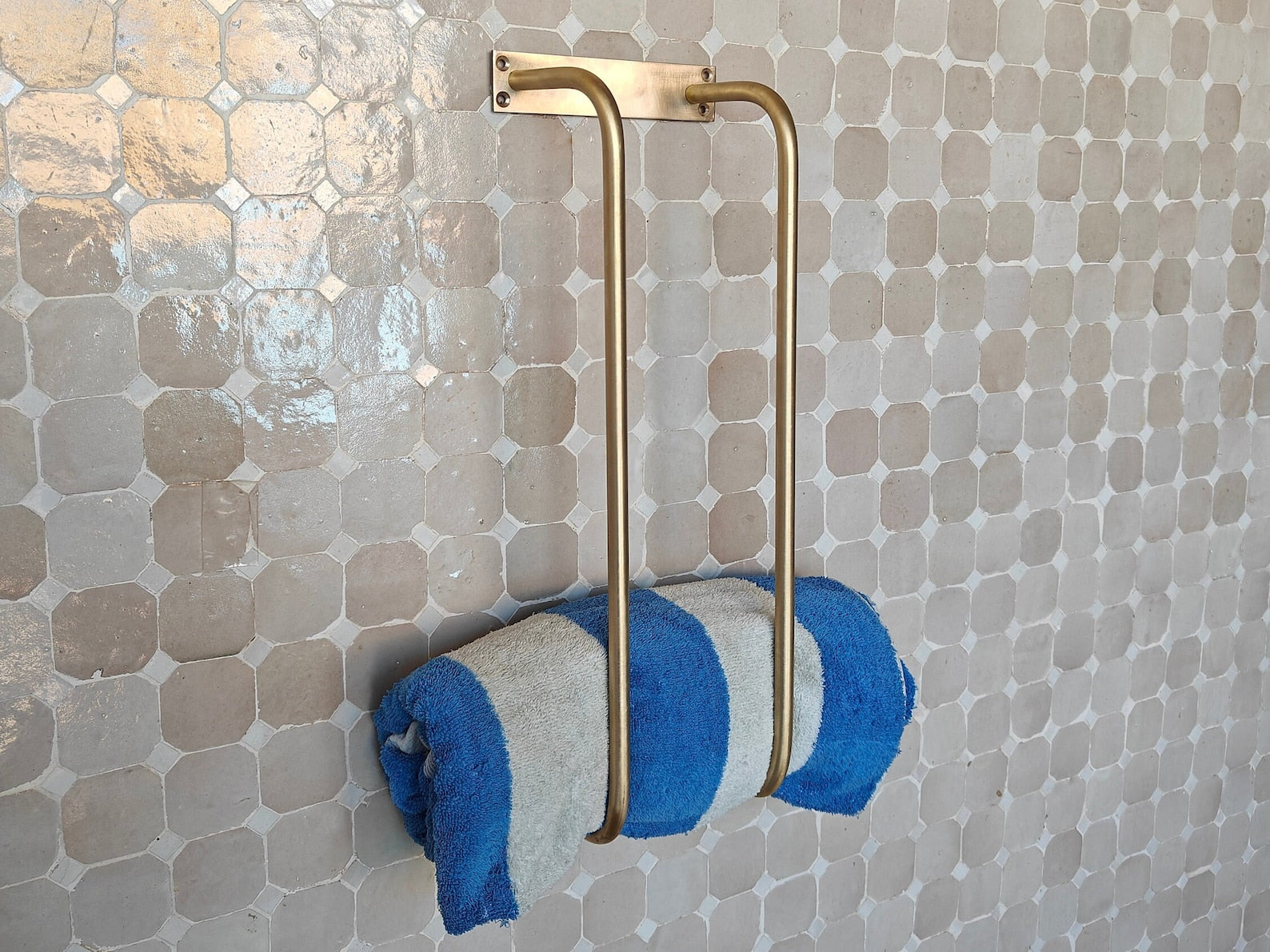 Unlacquered Brass Wall Mount Towel Holder - Two Vertical Rods