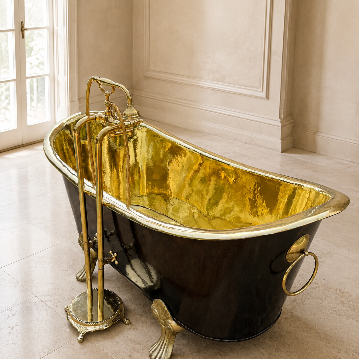 A freestanding bathtub with a glossy black exterior and a hammered gold interior, shown in a luxurious bathroom setting with beige walls and tiled floors.
