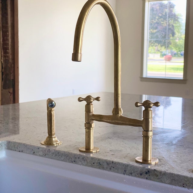 Unlacquered Brass Bridge Faucet With Linear Legs and Various Handles style