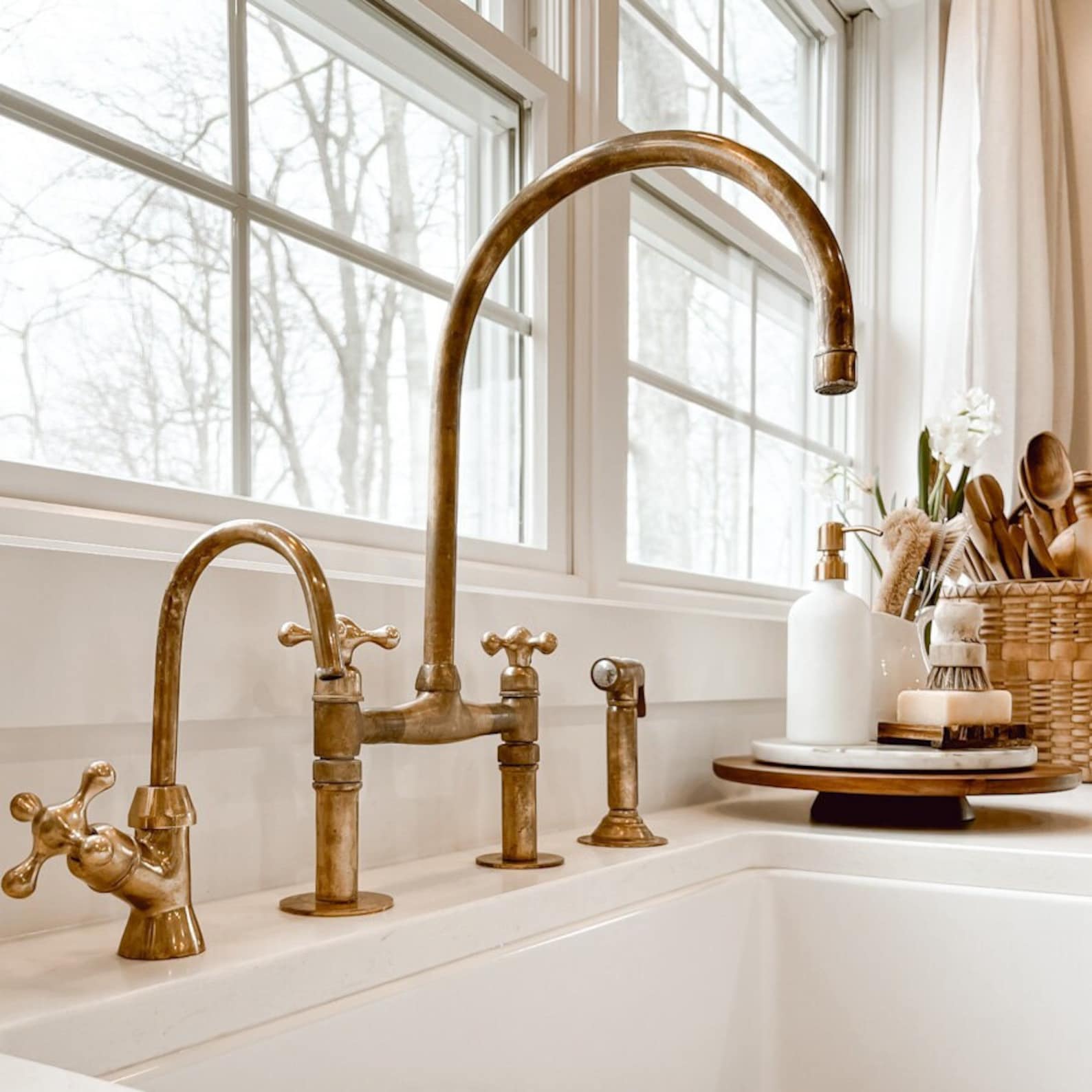 Unlacquered Brass Kitchen Faucet, Solid Brass 8" Bridge faucet with Cross Handles and Straight Legs