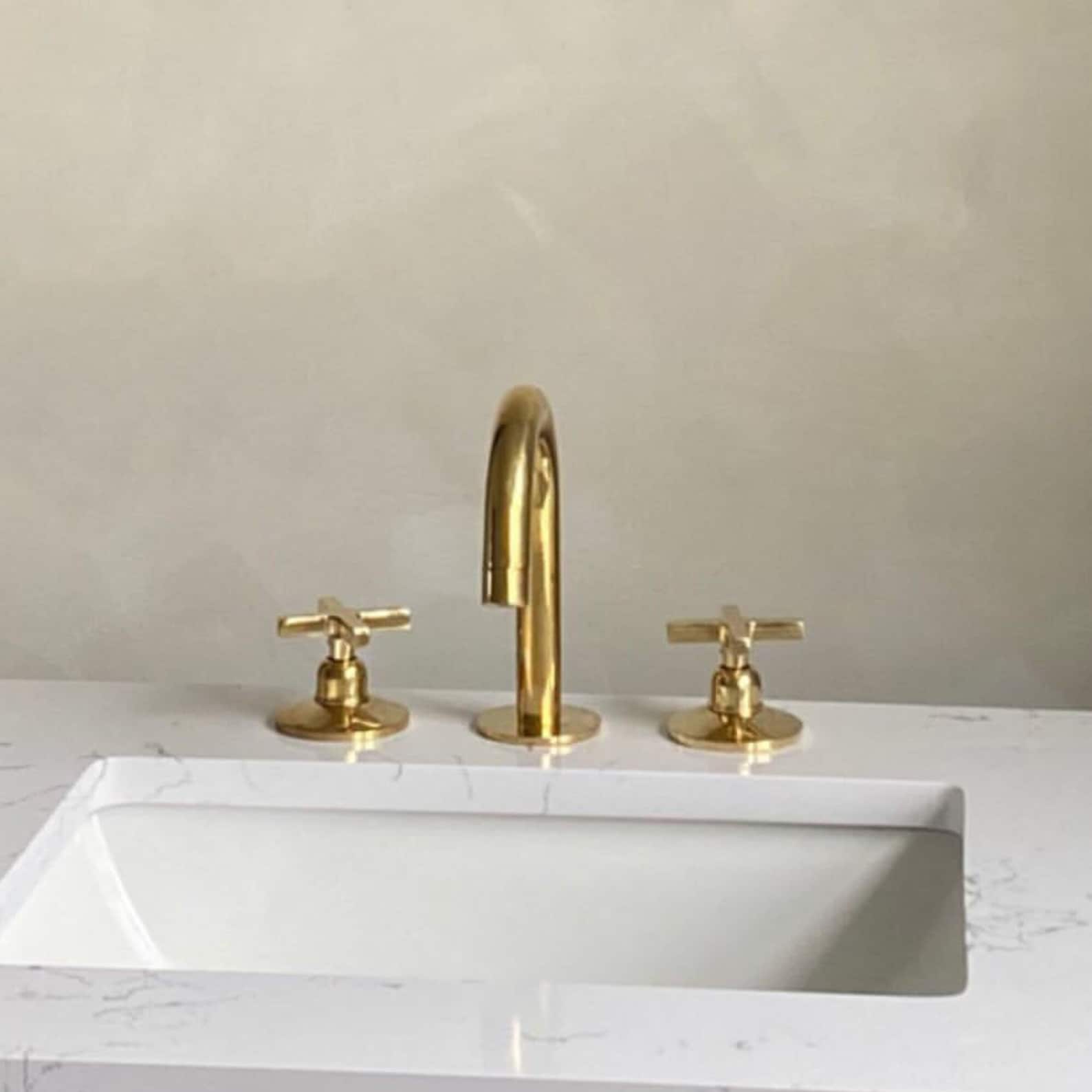 Widespread Bathroom Faucet Sink , Three Holes Faucet, Unlacquered Brass Vanity Faucet