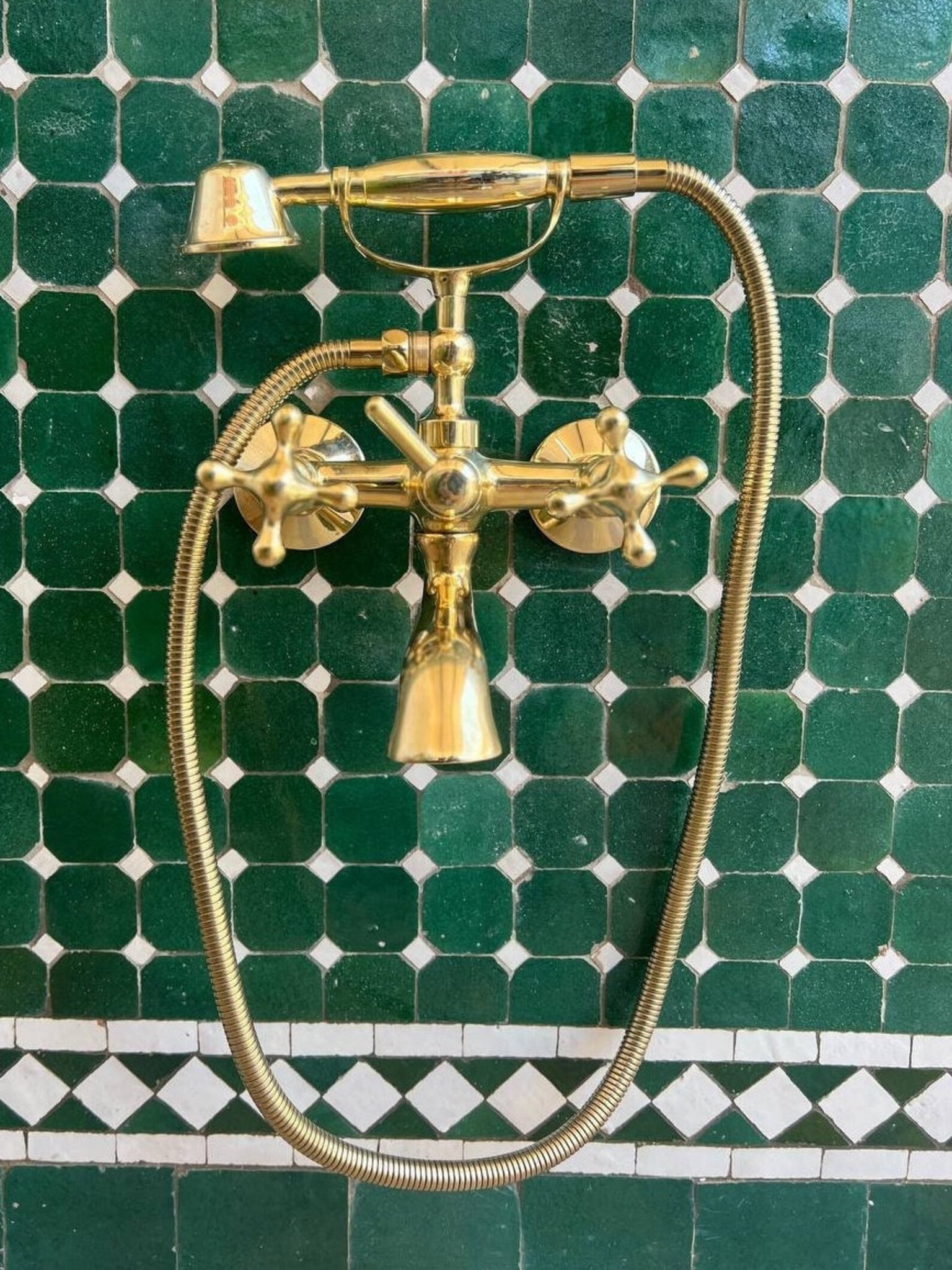 Vintage Clowfoot Tub Wall Mount in Unlacquered Brass - Vintage Tub Filler for bathroom with handshower