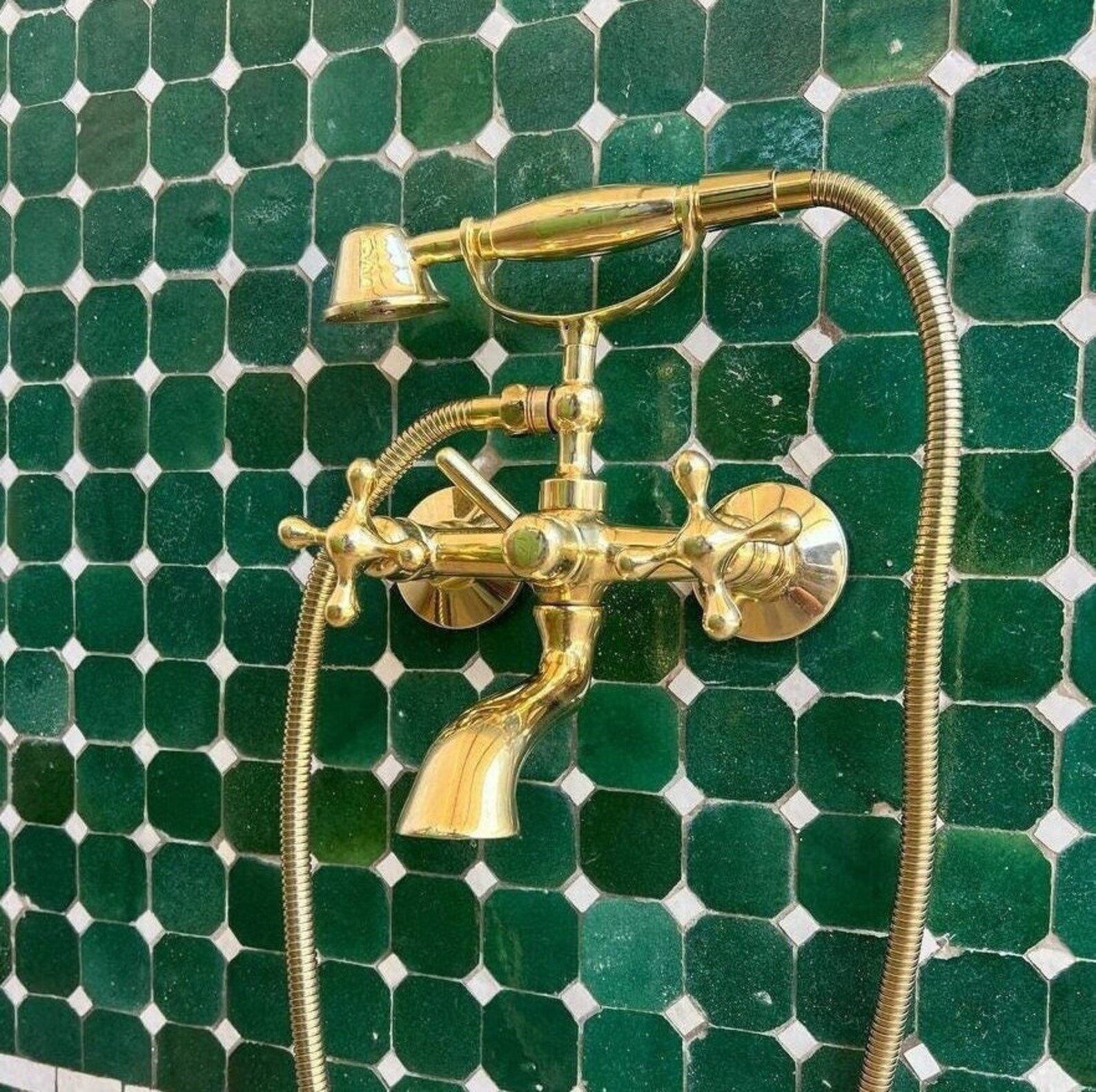 Vintage Clowfoot Tub Wall Mount in Unlacquered Brass - Vintage Tub Filler for bathroom with handshower