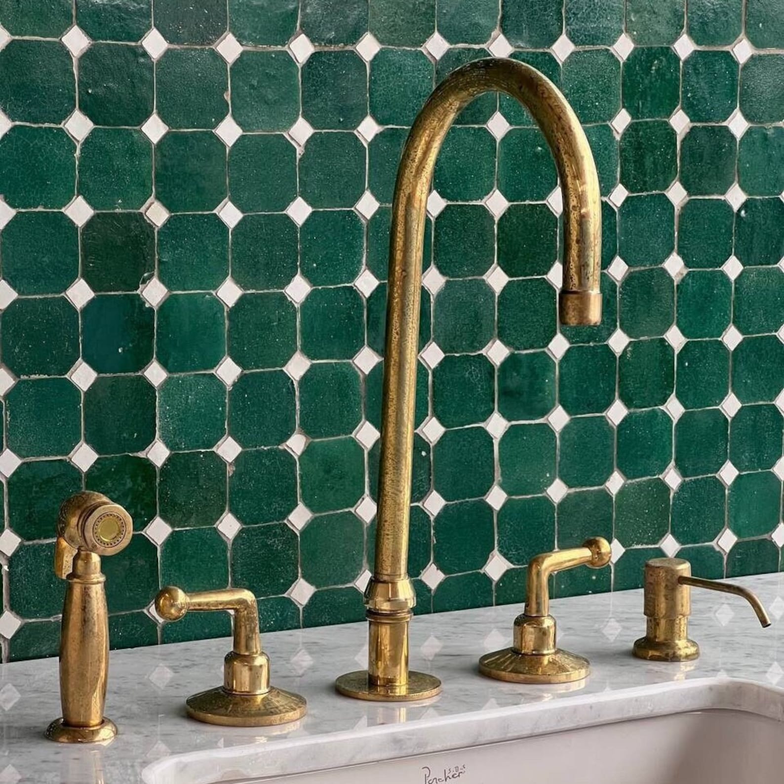Antique Brass Kitchen Faucet with Lever Handles and Brass Sprayer - Soap Dispenser