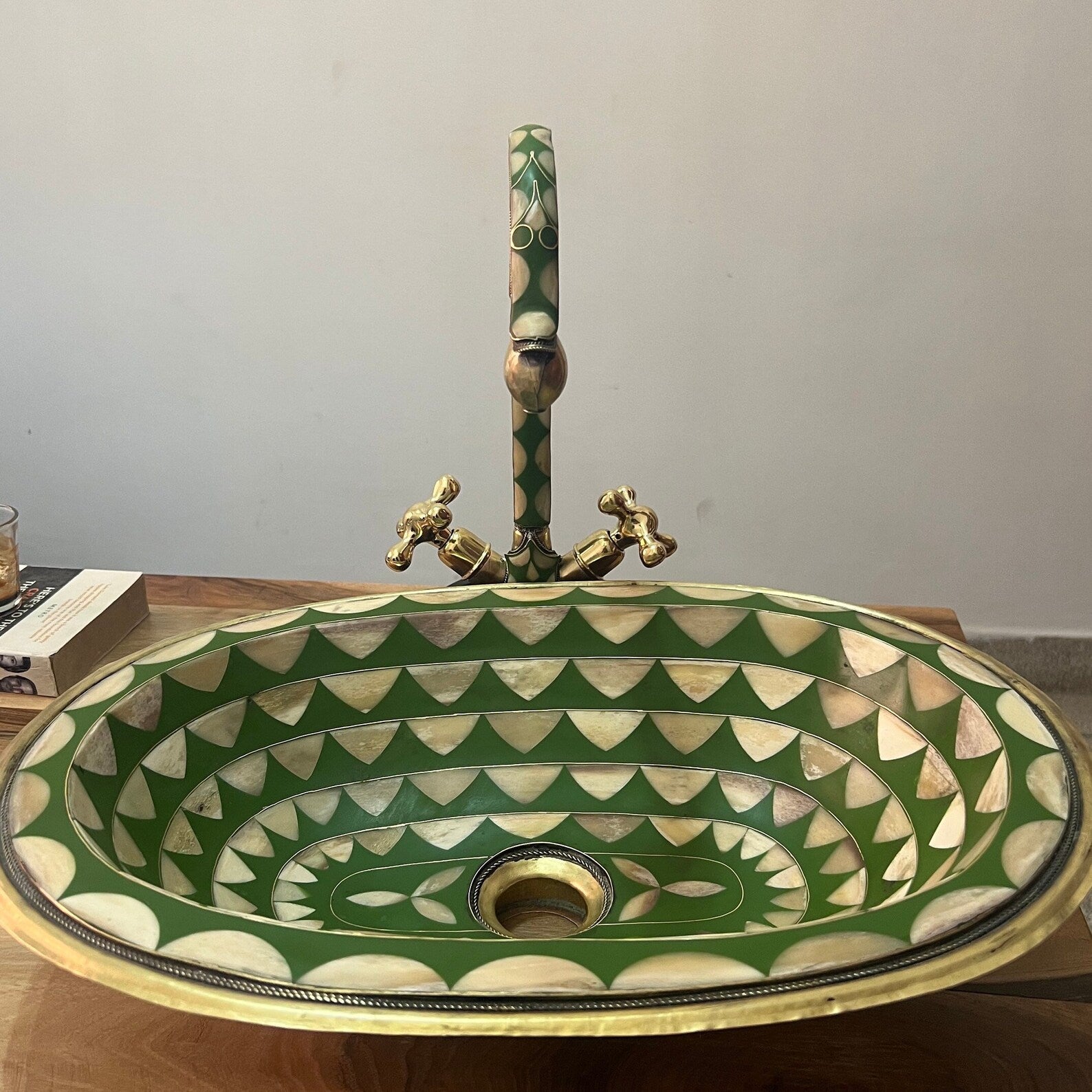 Unlacquered Brass Vessel Sink Faucet - Green Resin, Bone and Brass Conception
