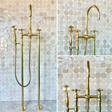 Unlacquered Brass bathtub Faucet Floor Mount Bathtub Faucet, Tub Filler Faucet with Two Handles And Hand Shower