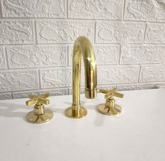 Unlacquered brass bathroom faucet, Three holes faucet for bathroom, 9" Overall height