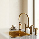 unlacquered brass bridge kitchen sink faucet with sprayer