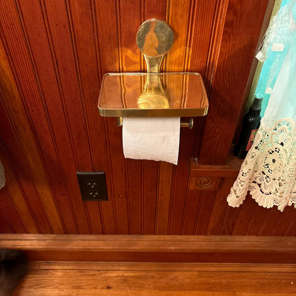 unlacquered brass bathroom paper toilet and phone holder