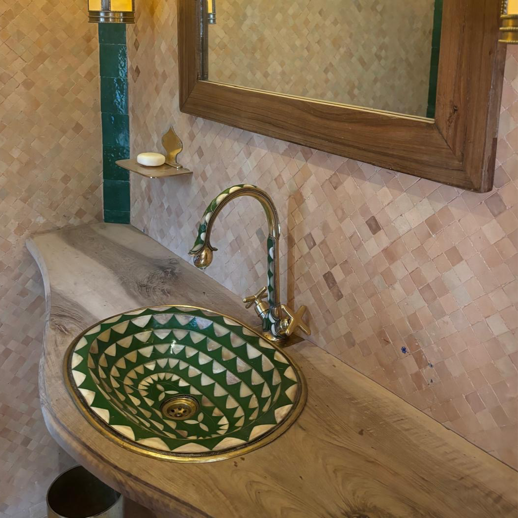 unlacquered brass green resin sink and faucet