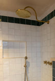 unlacquered brass shower system with handheld