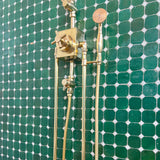 unlacquered brass thermostatic shower system with long legs and shower hand