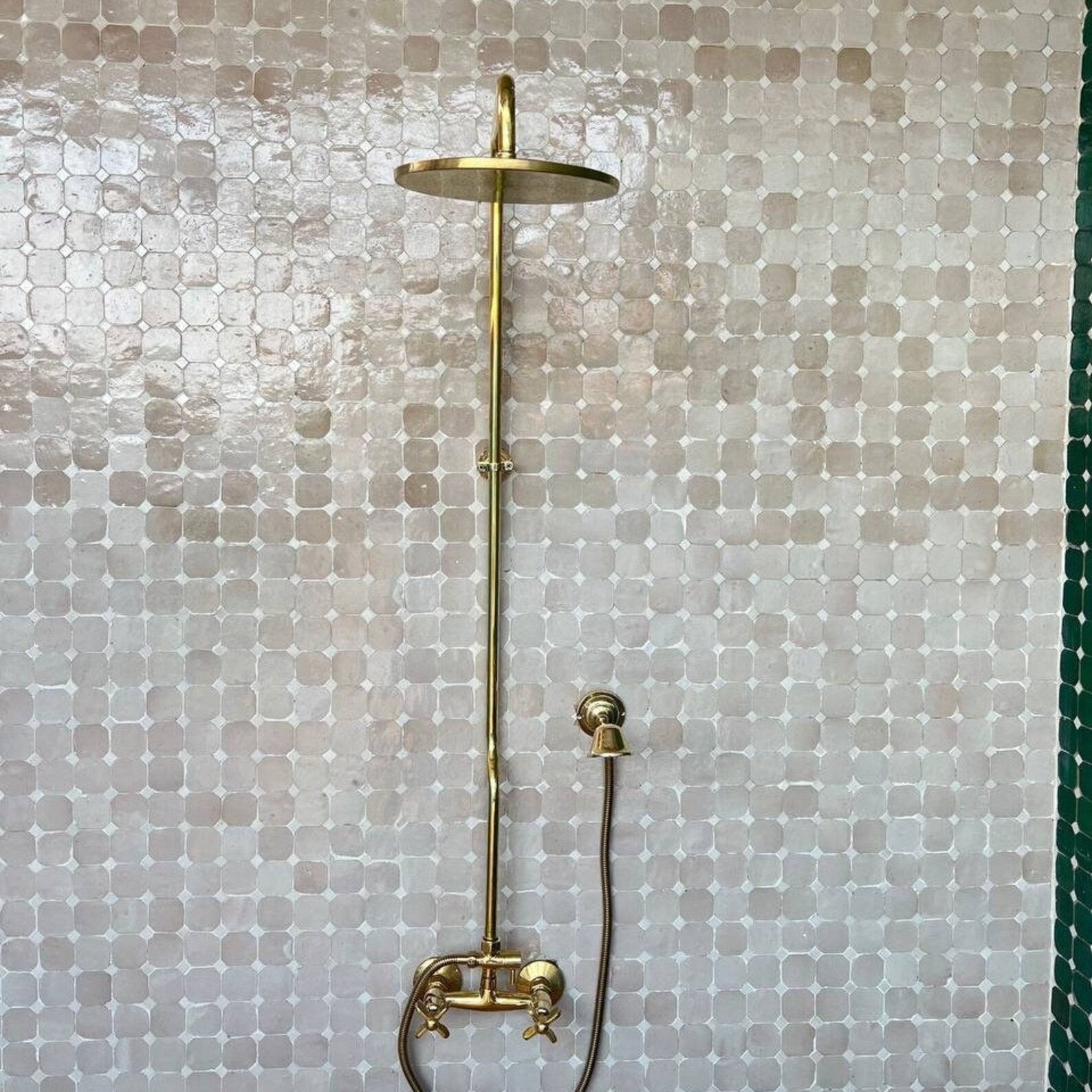 unlacquered solid brass shower system with shower hand