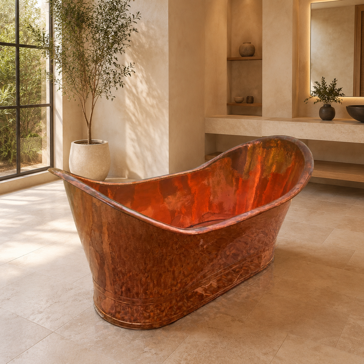 A freestanding copper bathtub with a hammered metallic finish, set in a minimalist, warm-toned bathroom with beige stone tiles and a large window.