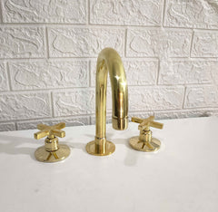 Widespread Bathroom Faucet Sink , Three Holes Faucet, Unlacquered Brass Vanity Faucet