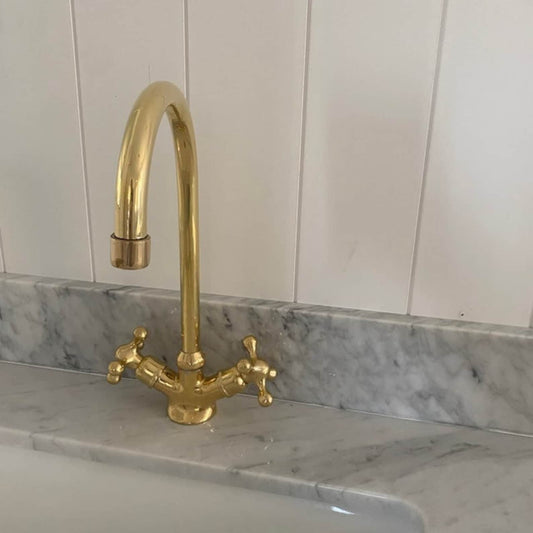 Unlacquered Brass Gooseneck Faucet , Single Hole Kitchen Faucet