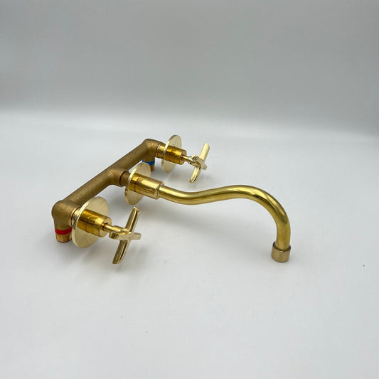 Brass Wall Mounted Faucet Bathroom With Curved Spout