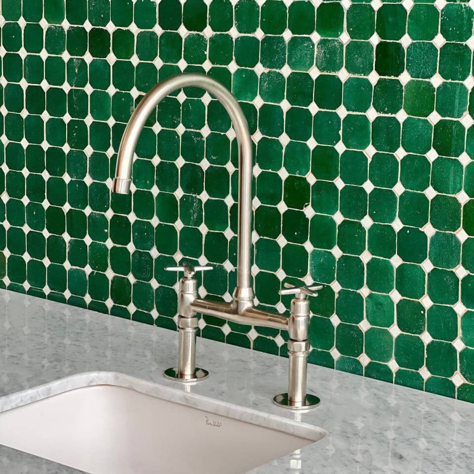 Nickel Brass Kitchen Faucet, Solid Brass Bridge Faucet - Flat handles Faucet