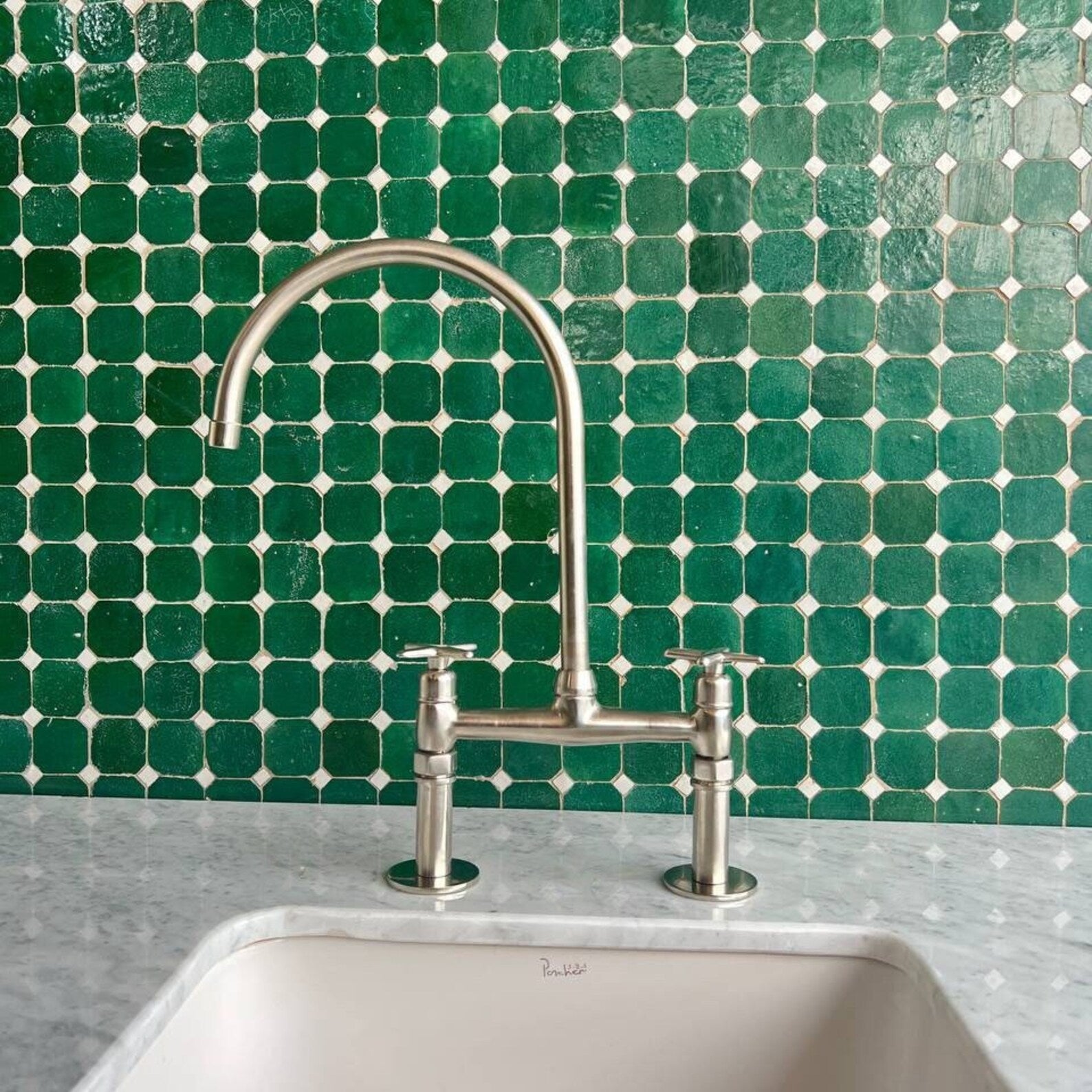 Nickel Brass Kitchen Faucet, Solid Brass Bridge Faucet - Flat handles Faucet