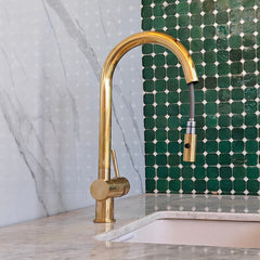 Unlacquered brass pull down kitchen faucet