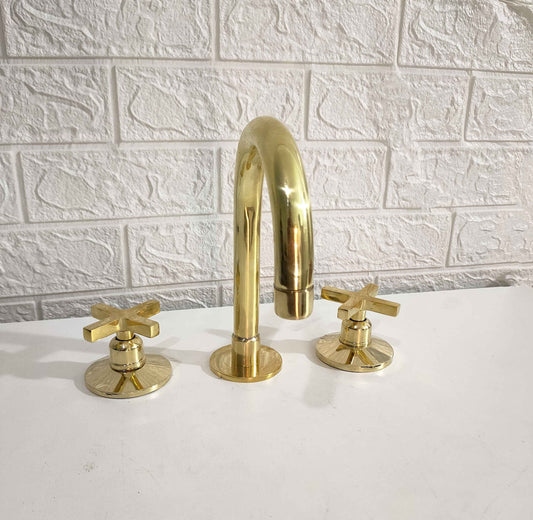 Unlacquered brass bathroom faucet, Three holes faucet for bathroom, 9" Overall height 