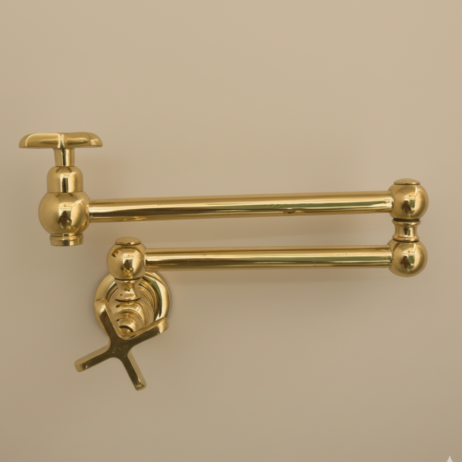 unlacquered brass pot filler under stove