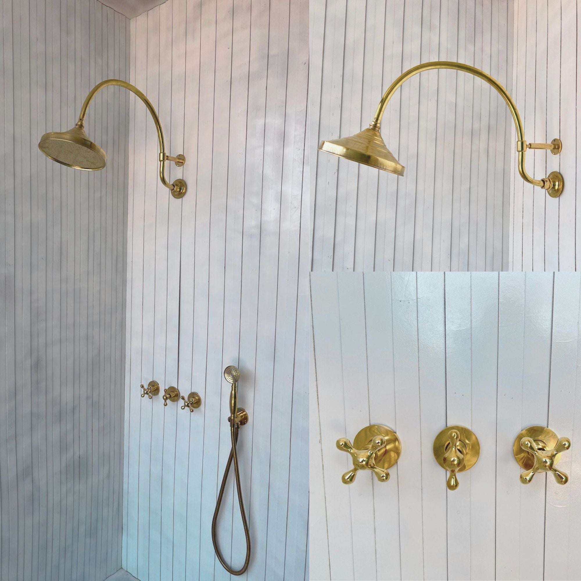 unlacquered brass shower with curved arm 