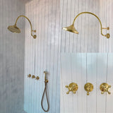 unlacquered brass shower with curved arm 