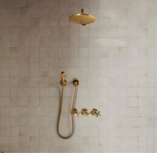 unlacquered brass showerhead with handheld