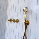 unlacquered brass wall mounted shower with hand shower